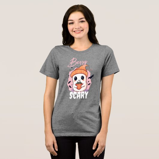 Berry Scary Cute Ghost with Strawberry Tri-Blend Shirt (Voorkant volledig)