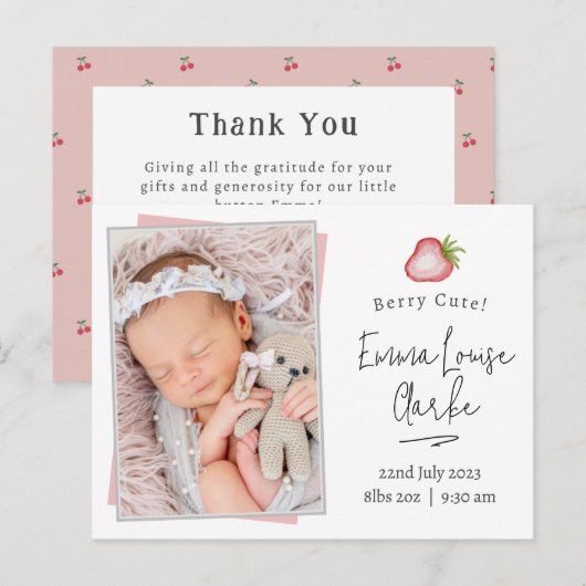 Berry schattig geboorte aankondiging kaart met fot (Voorkant / Achterkant)