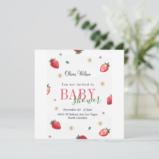 Berry Schattige Baby shower: Aardbeienvelden voor Save The Date (Staand voorkant)