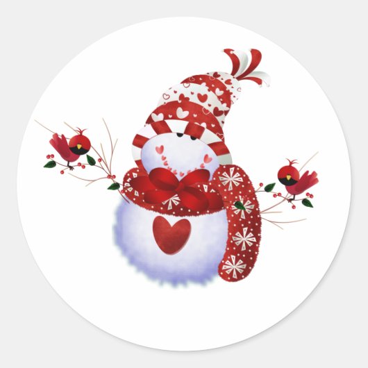 Berry Schattige Sneeuwman en Kardinalen Ronde Sticker (Voorkant)