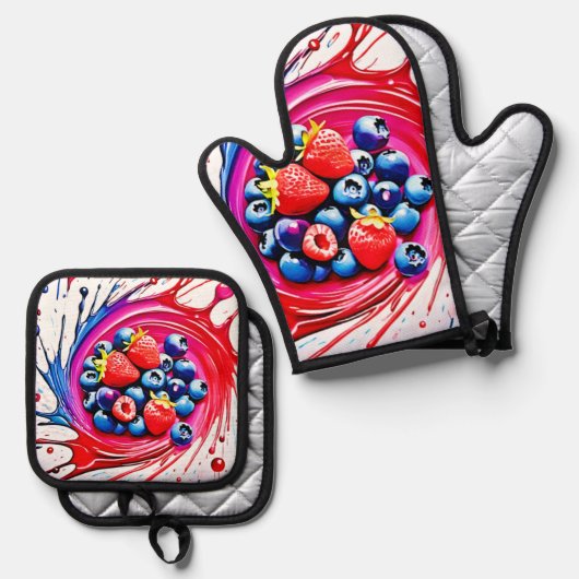 Berry Splash: kleurenburst Ovenwant & Pannenlap Set (Voorkant / Achterkant)