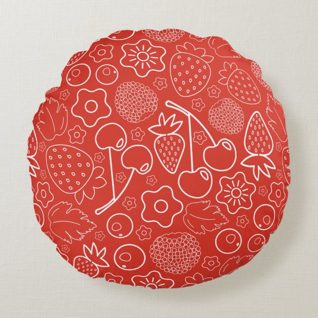 Berry Strawberry Cherry White Hand drawn Modern. Rond Kussen (Voorkant)