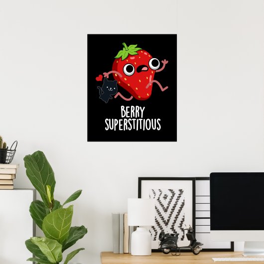 Berry Superstious Funny Fruit Pun Dark BG Poster (Thuiskantoor)
