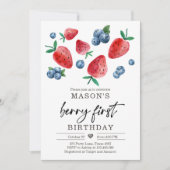 Berry Sweet 1st Birthday Strawberry Blueberry Invi Kaart (Voorkant)