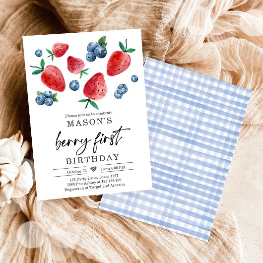 Berry Sweet 1st Birthday Strawberry Blueberry Invi Kaart