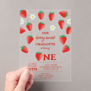 Berry Sweet 1st Birthday Strawberry wordt er een Acryl Uitnodigingen