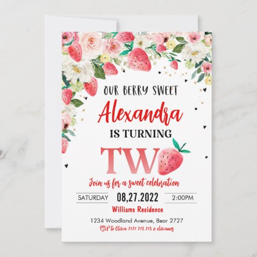 Berry Sweet 2e Verjaardag Uitnodiging Aardbei Bir (Voorkant)