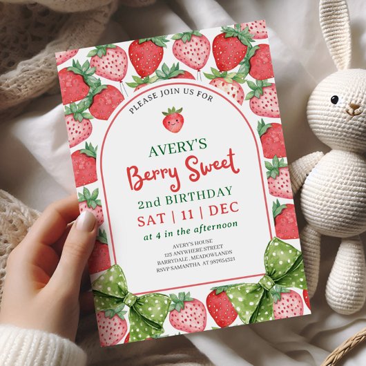 Berry Sweet 2nd Birthday Strawberry Invitation Kaart