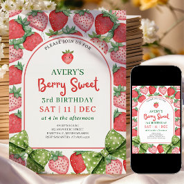 Berry Sweet 3rd Birthday Strawberry Invitation Kaart