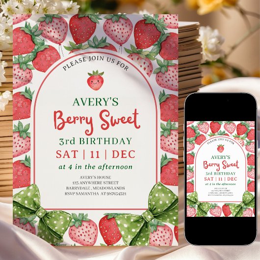 Berry Sweet 3rd Birthday Strawberry Invitation Kaart