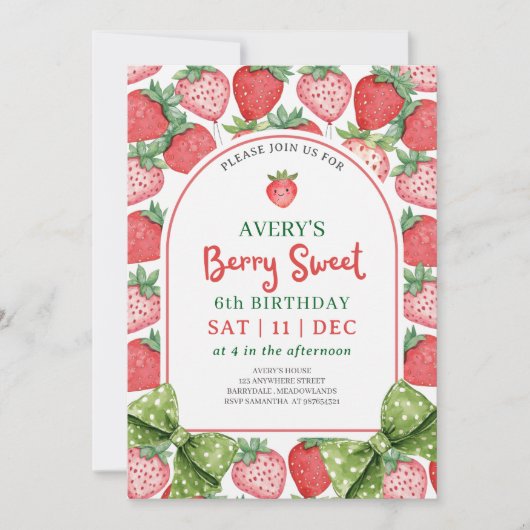 Berry Sweet 6th Birthday Strawberry Invitation Kaart (Voorkant)