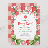 Berry Sweet 6th Birthday Strawberry Invitation Kaart (Voorkant / Achterkant)