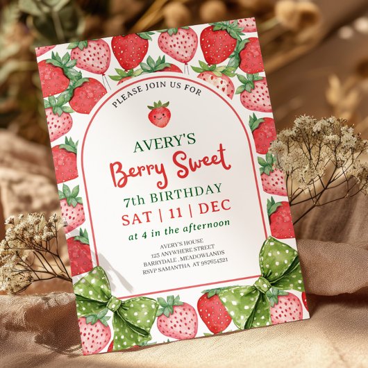 Berry Sweet 7th Birthday Strawberry Invitation Kaart