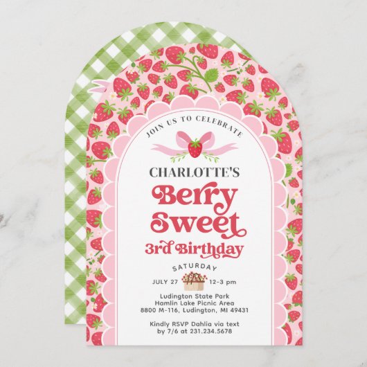 Berry Sweet Aardbei 3e Verjaardag uitnodiging (Voorkant / Achterkant)
