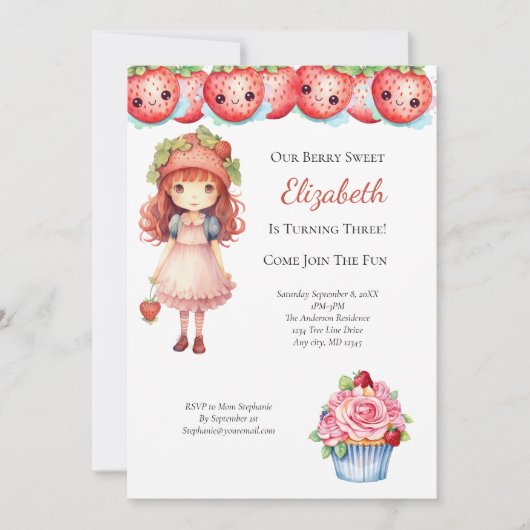Berry Sweet Aardbei Meisjes Verjaardagsfeest Kaart (Voorkant)