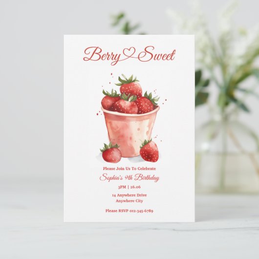Berry Sweet Aardbei Party uitnodiging (Staand voorkant)
