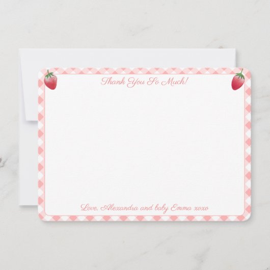 Berry Sweet Aardbei Roze Vichy Baby shower Bedankkaart (Voorkant)