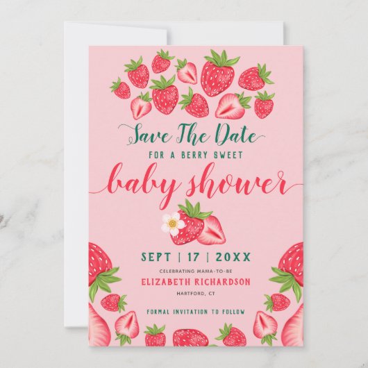 Berry Sweet Aardbei Schattige roze Baby shower Save The Date (Voorkant)