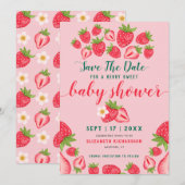 Berry Sweet Aardbei Schattige roze Baby shower Save The Date (Voorkant / Achterkant)