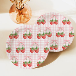 Berry Sweet Aardbei verjaardag Pink Gingham Papieren Bordje