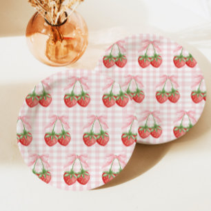 Berry Sweet Aardbei verjaardag Pink Gingham Papieren Bordje