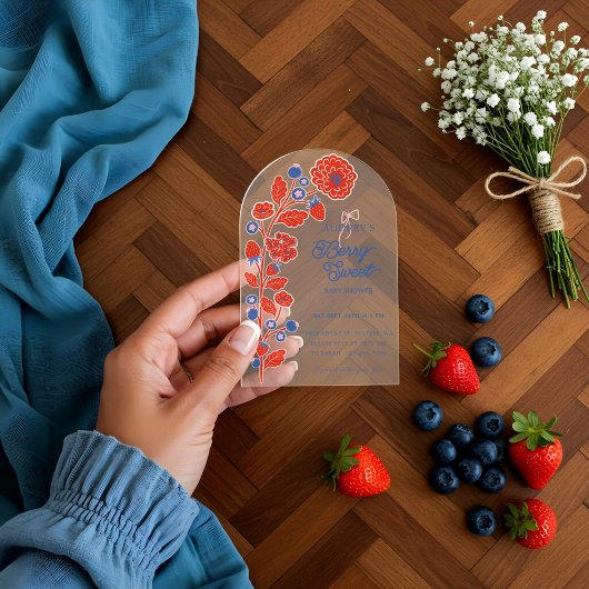 Berry Sweet Aardbeien, Bosbessen & Bloemen Acryl Uitnodigingen
