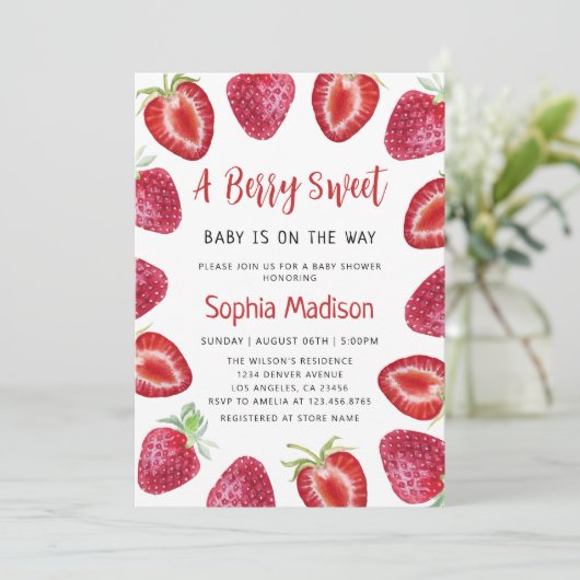 Berry Sweet | Baby shower aardbeienvruchten Kaart (Staand voorkant)