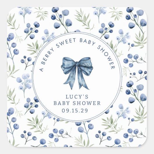 Berry Sweet Baby shower Blueberry Bow Vierkante Sticker (Voorkant)