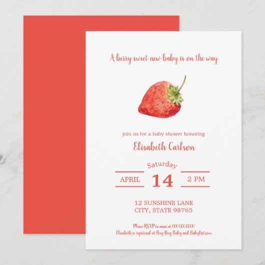 Berry Sweet Baby shower Strawberry Invitation Kaart (Voorkant / Achterkant)