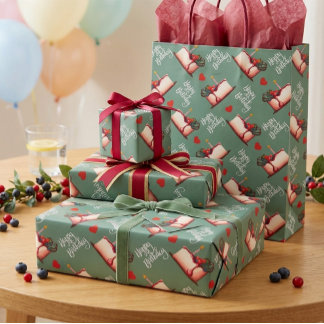 Berry Sweet Birthday Cake Pattern Wrapping Paper Cadeaupapier