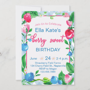 Berry Sweet Birthday Invitation Strawberry Gingham Kaart