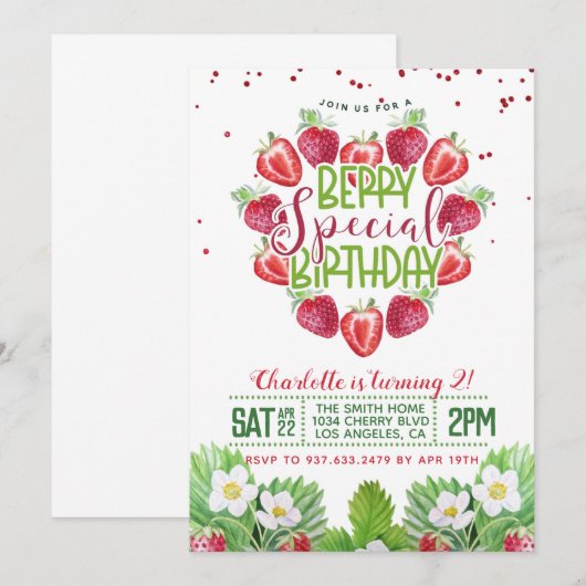 Berry Sweet Birthday Strawberry Invitation Kaart (Voorkant / Achterkant)
