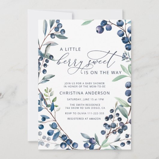 Berry Sweet Blueberry Baby shower Invitation Kaart (Voorkant)