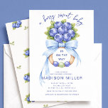 Berry Sweet Blueberry Baby Shower Invitation Kaart<br><div class="desc">Celebrate a sweet new arrival with this charming Berry Sweet Blueberry Baby Shower Invitation. This adorable design features a watercolor blueberry cluster tied with a soft blue ribbon bow atop a baby rattle, creating a playful and heartwarming focal point. The phrase “A Berry Sweet Baby is on the Way” perfectly...</div>