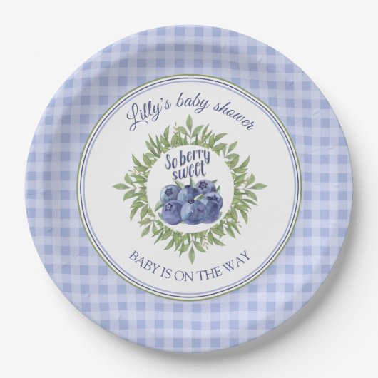 Berry Sweet Blueberry Blue Plaid Baby shower Papieren Bordje (Voorkant)