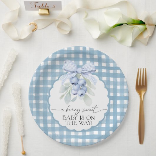 Berry Sweet Blueberry Gingham Baby Shower Papieren Bordje (Huwelijk)
