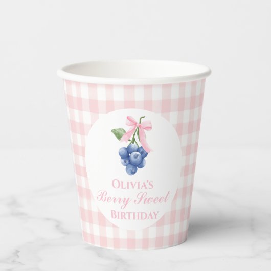 Berry Sweet Blueberry verjaardag Pink Bow Gingham Papieren Bekers (Voorkant)
