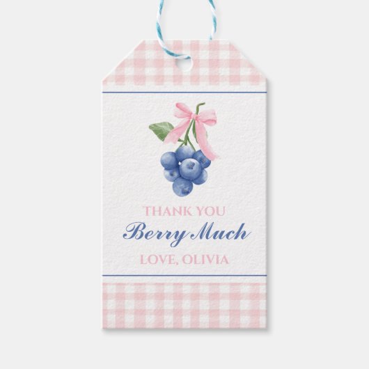 Berry Sweet bosbes verjaardag Pink Bow Gingham Cadeaulabel (Voorkant)