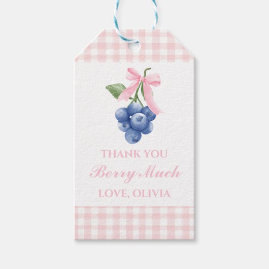 Berry Sweet bosbes verjaardag Pink Bow Gingham Cadeaulabel (Voorkant)