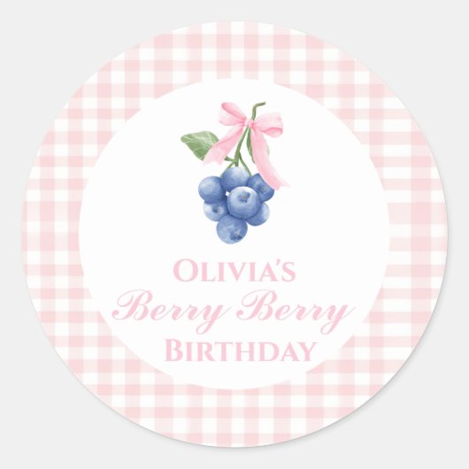 Berry Sweet bosbes verjaardag Pink Bow Gingham Ronde Sticker (Voorkant)