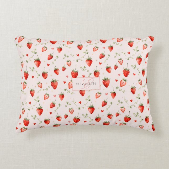 Berry Sweet Botanische Roze Harten Monogram Accent Kussen (Voorkant)