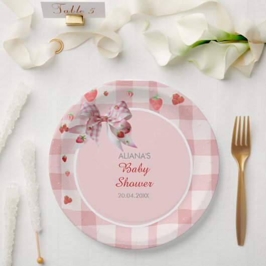 Berry Sweet Checkered Pink Coquette Baby shower Papieren Bordje (Huwelijk)