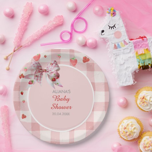 Berry Sweet Checkered Pink Coquette Baby shower Papieren Bordje (Feest)