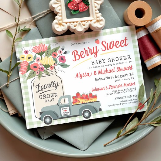 Berry Sweet Farmers Market Gingham Boy Baby Shower Kaart