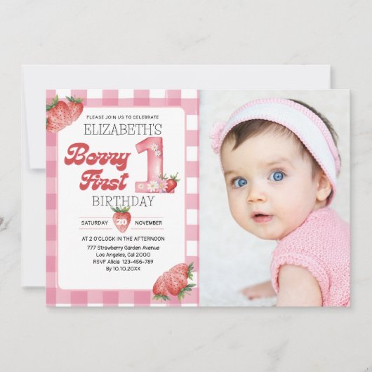 Berry Sweet First Birthday Photo – Straberry party Kaart (Voorkant)