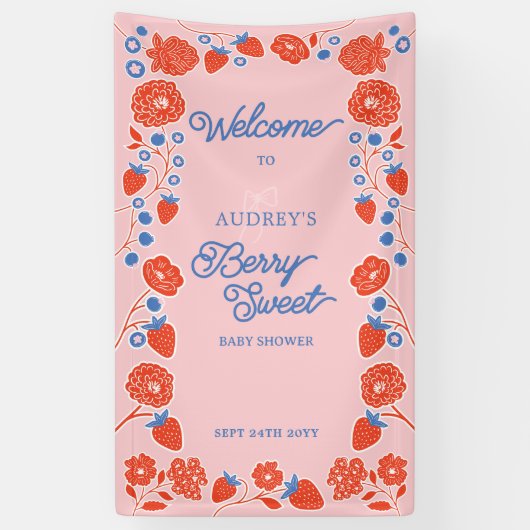 Berry Sweet Floral Aardbei Welkom Baby shower Spandoek (Verticaal)