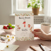 Berry Sweet Floral Bunny Strawberry First Birthday Kaart