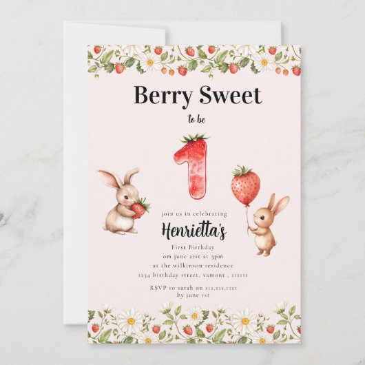 Berry Sweet Floral Bunny Strawberry First Birthday Kaart (Voorkant)