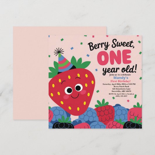 Berry Sweet Fun eerste verjaardag uitnodiging (Voorkant / Achterkant)