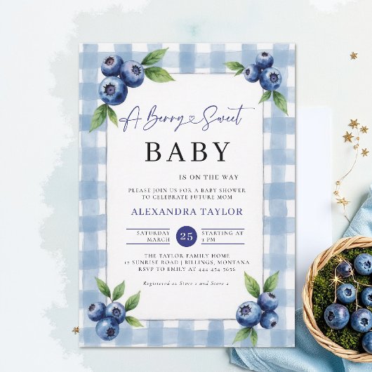 Berry Sweet Gingham Blue Farm Chic Baby Shower Kaart